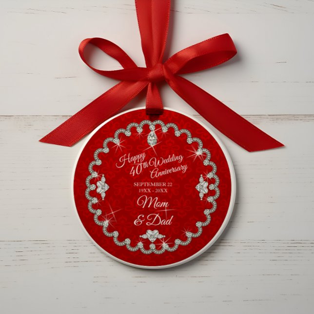 40th Wedding Anniversary Red Photo Keepsake Ornament (Elegant 40th Wedding Anniversary Red Keepsake Photo Ornament)
