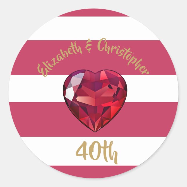 40th Wedding Anniversary Red Striped Elegant Classic Round Sticker (Front)