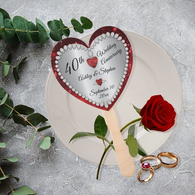 40th Wedding Anniversary Ruby Diamonds Keepsake Hand Fan (40th Wedding Anniversary Faux Ruby and Diamonds Keepsake Favor Hand Fan)