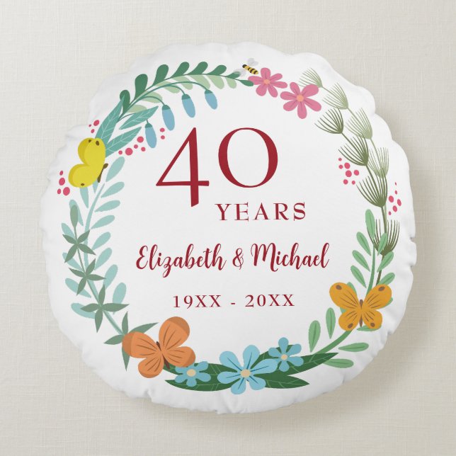 40th Wedding Anniversary Ruby Floral Butterfly Round Cushion (Front)