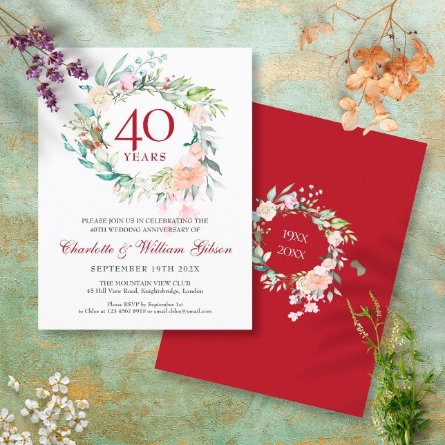 40th Wedding Anniversary Ruby Floral Garland Invitation Postcard (Creator Uploaded)