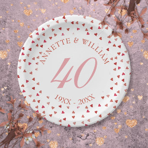 40th Wedding Anniversary Ruby Hearts Confetti Paper Plate