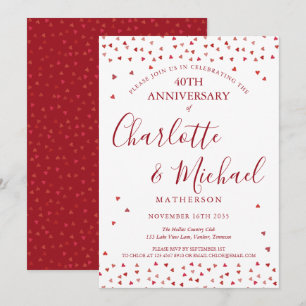 40th Wedding Anniversary Ruby Hearts Script Invitation