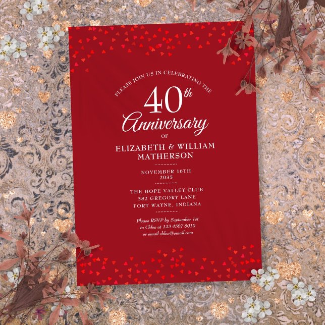 40th Wedding Anniversary Ruby Love Hearts Confetti Invitation (40th Wedding Anniversary Ruby Love Hearts Confetti Invitation)