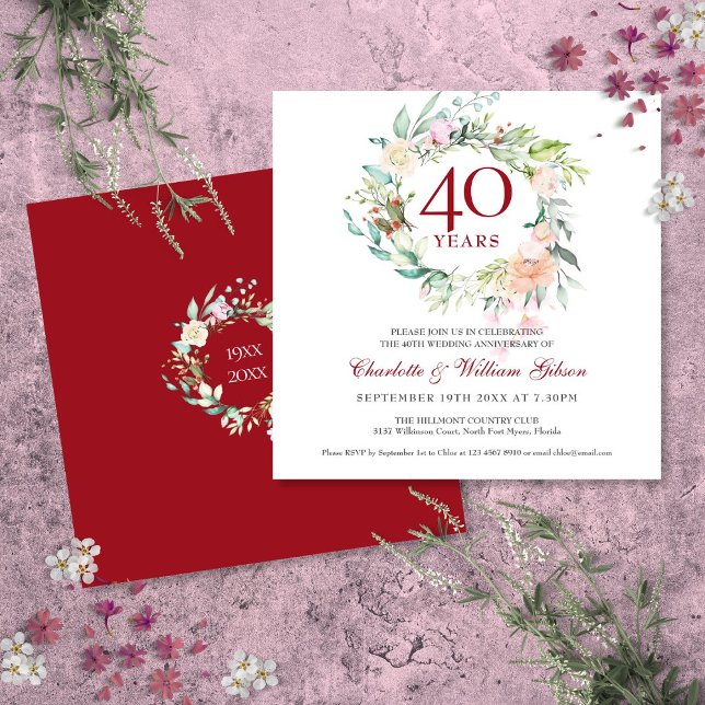 40th Wedding Anniversary Ruby Roses Floral Invitation (40th Wedding Anniversary Ruby Roses Floral Invitation)