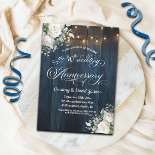40th Wedding Anniversary Rustic Blue String Lights Invitation