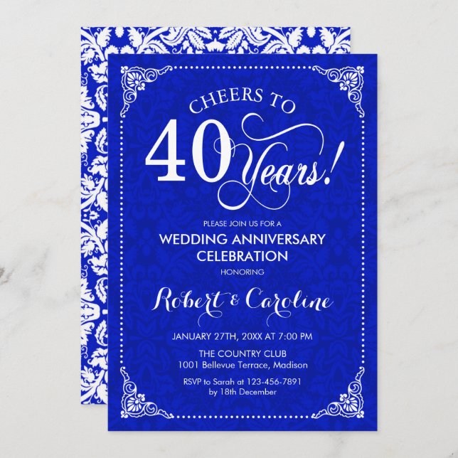 40th Wedding Anniversary - Sapphire Blue White Invitation (Front/Back)