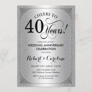 40th Wedding Anniversary - Silver Black Damask Invitation