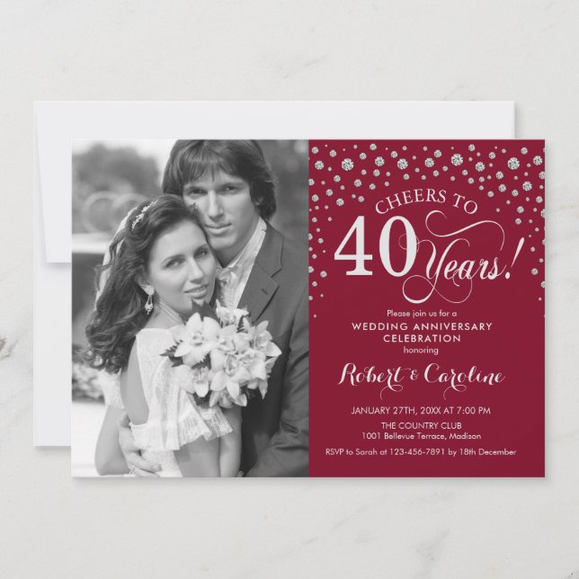 40th Wedding Anniversary with Photo - Red Silver Invitation (Front)