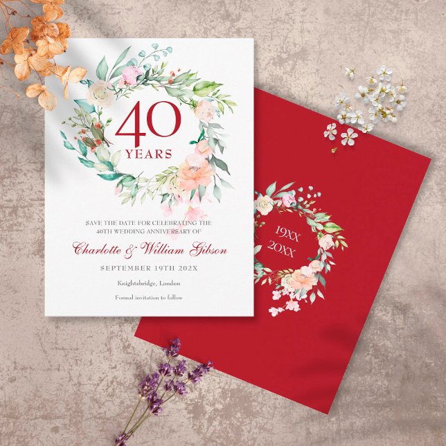 40th Wedding Ruby Anniversary Save the Date Floral Announcement Postcard (Creator Uploaded)