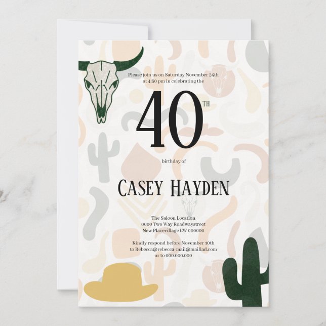 40th western cowboy hat cactus invitation (Front)