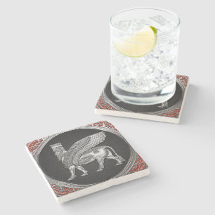 [410] Assyrian Winged Bull - Silver Lamassu Stone Coaster