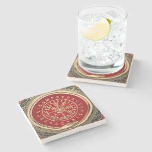 [410] Vegvisir - Viking Gold Magic Runic Compass Stone Coaster