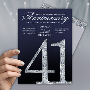 41st Anniversary Diamond Silver Navy Blue Invitation