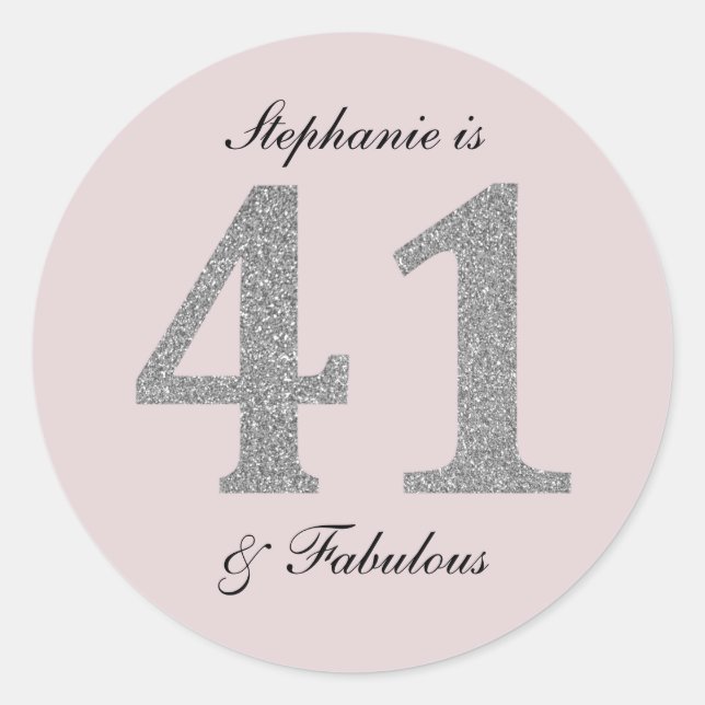 41st Birthday Blush Pink Silver Grey Glitter Classic Round Sticker (Front)