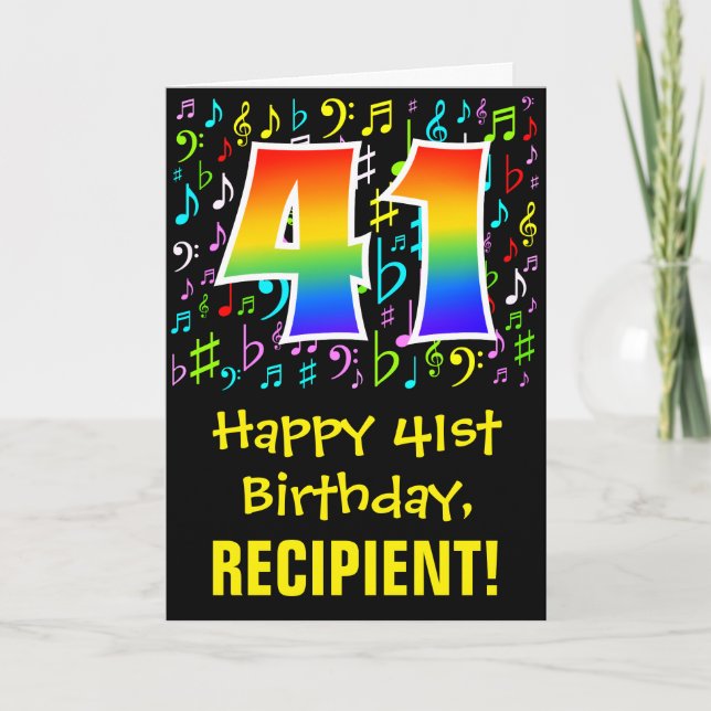 41st Birthday: Colorful Music Symbols + Rainbow 41 Card (Front)