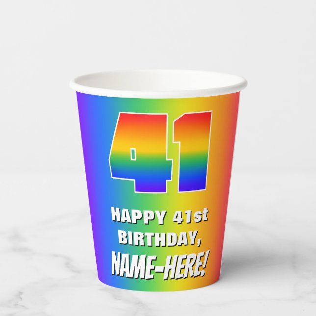 41st Birthday: Colourful, Fun Rainbow Pattern # 41 Paper Cups (Back)