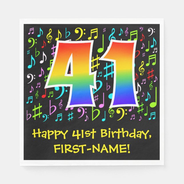 41st Birthday - Colourful Music Symbols, Rainbow 4 Napkin (Front)
