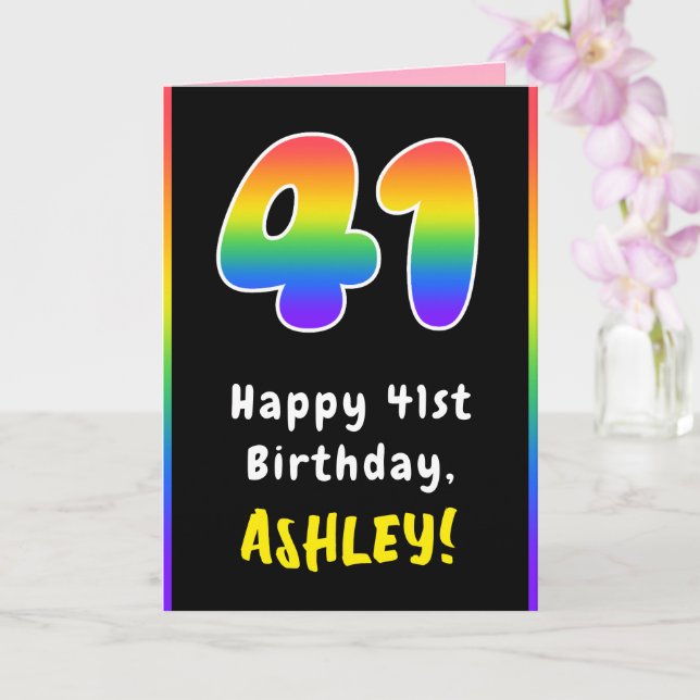 41st Birthday: Colourful Rainbow # 41, Custom Name Card (Orchid)