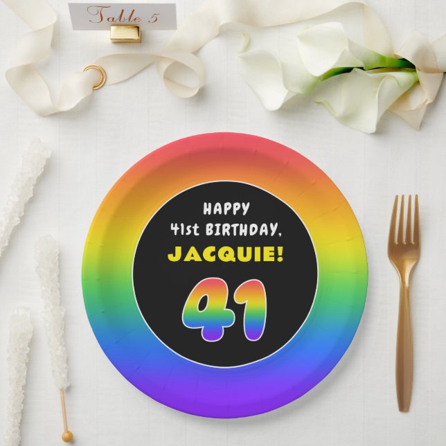 41st Birthday: Colourful Rainbow # 41, Custom Name Paper Plate (Wedding)