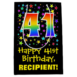 41st Birthday: Colourful Stars Pattern & Rainbow 4 Medium Gift Bag