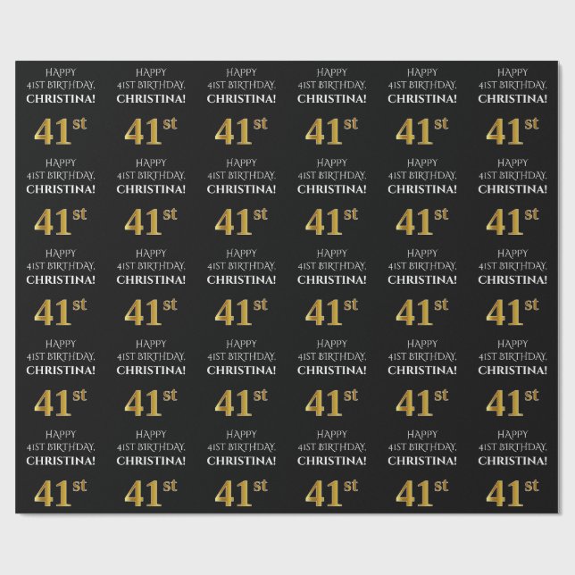 41st Birthday: Elegant, Black, Faux Gold Look Wrapping Paper (Flat)