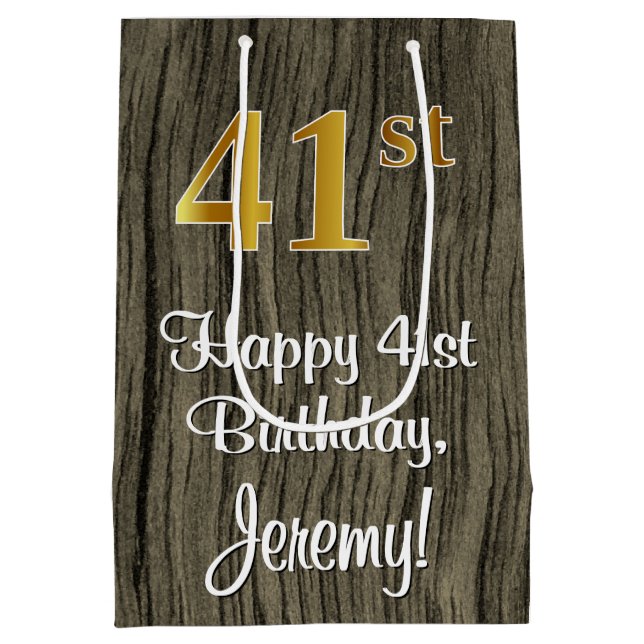 41st Birthday: Elegant Faux Gold Look #, Faux Wood Medium Gift Bag (Back)