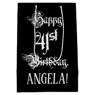 41st Birthday: Fancy, Elegant Script + Custom Name Medium Gift Bag