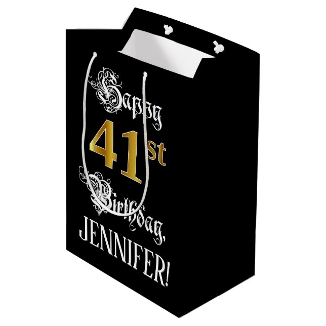 41st Birthday ~ Fancy Script; Faux Gold Look; Name Medium Gift Bag (Back Angled)