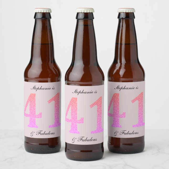 41st Birthday Forty One Fabulous Blush Pink Custom Beer Bottle Label (Bottles)