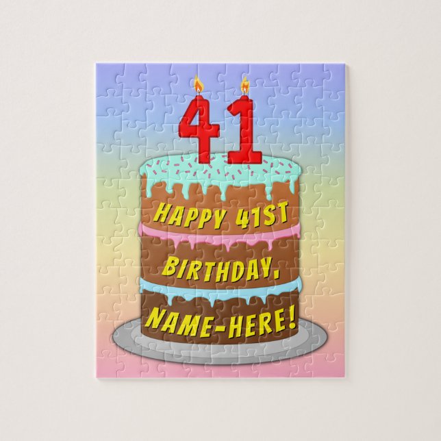 41st Birthday: Fun Cake and Candles + Custom Name Jigsaw Puzzle (Vertical)
