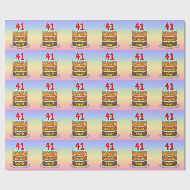 41st Birthday: Fun Cake and Candles + Custom Name Wrapping Paper (Flat)