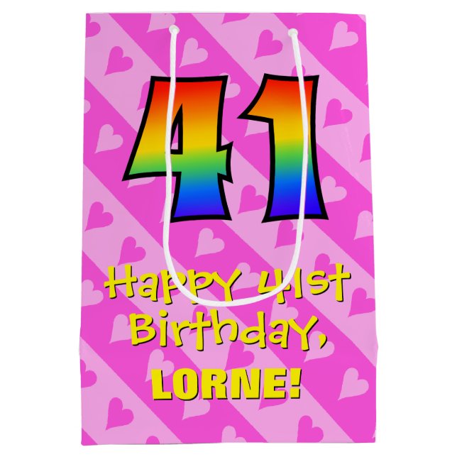 41st Birthday: Fun Pink Hearts Stripes; Rainbow 41 Medium Gift Bag (Back)