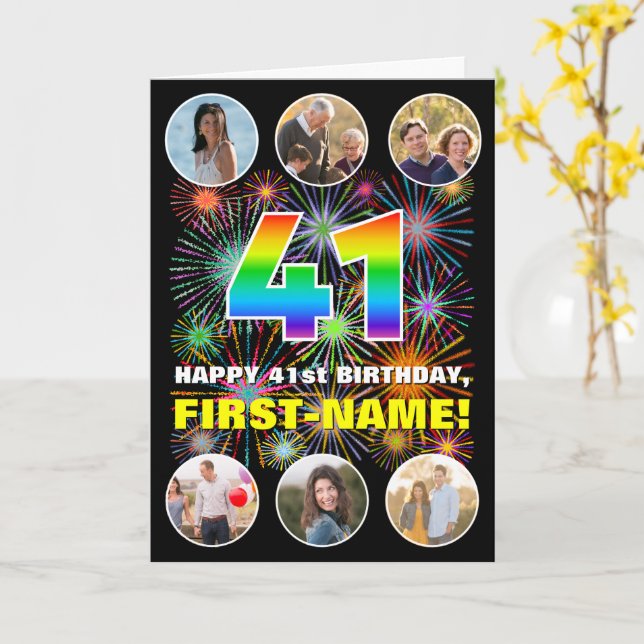 41st Birthday: Fun Rainbow #, Custom Name & Photos Card (Yellow Flower)