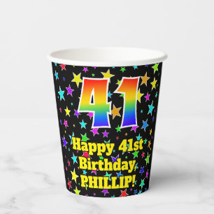 41st Birthday: Fun Stars Pattern and Rainbow 41 Paper Cups