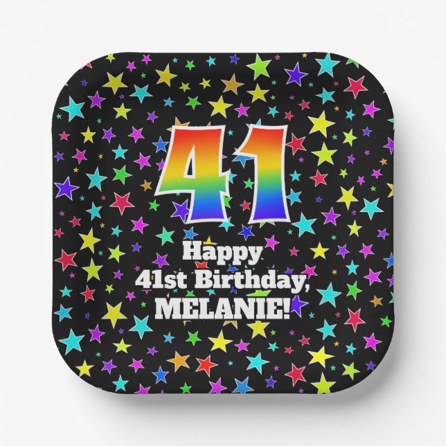 41st Birthday: Fun Stars Pattern and Rainbow “41” Paper Plate (Front)