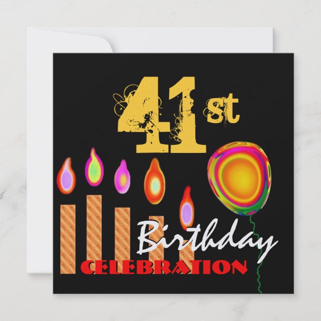 41st Birthday Gold Candles and Balloon Metallic Invitation (Front)