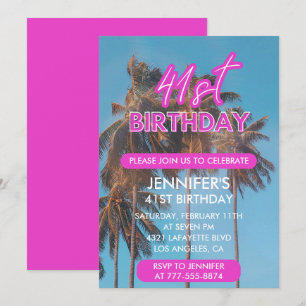 41st birthday invitation Summer Pink Palm tree