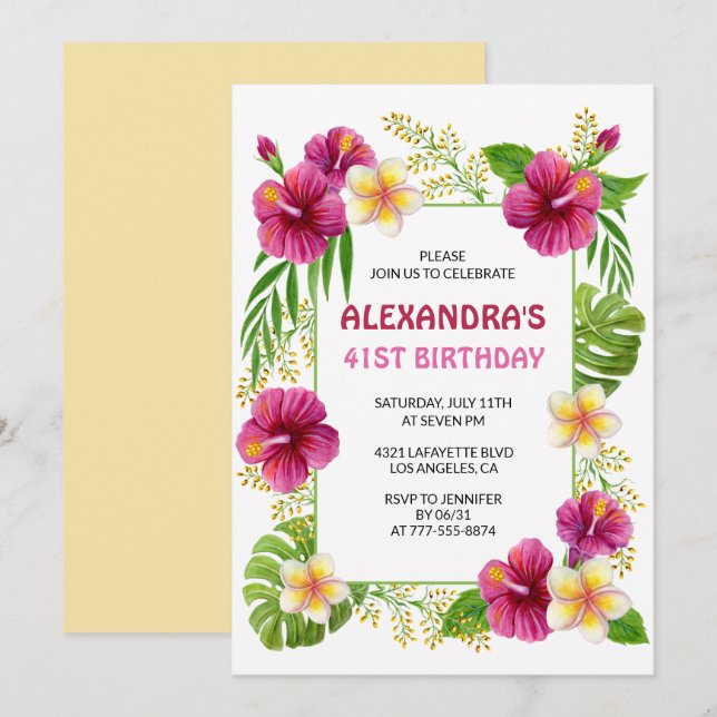 41st birthday invitations Tropical Floral Pink (Front/Back)