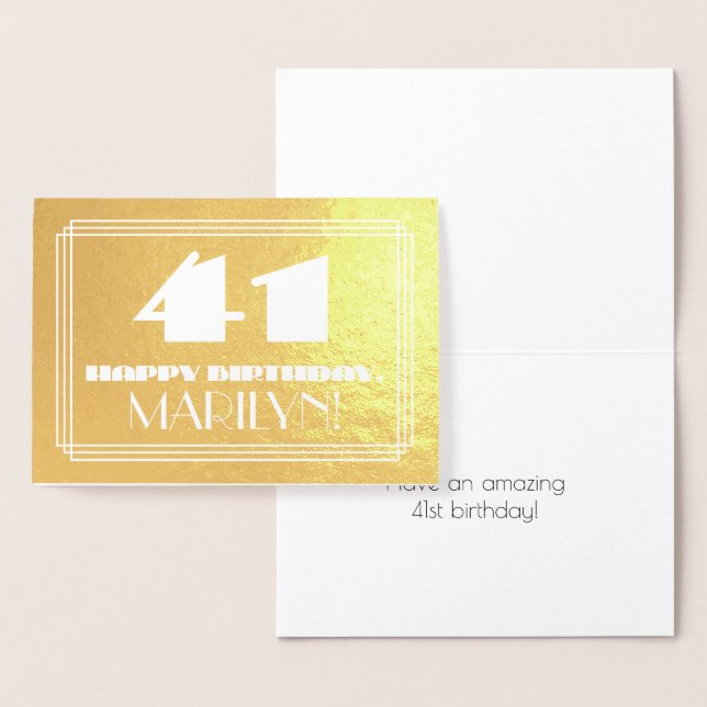 41st Birthday: Name + Art Deco Inspired Look "41" Foil Card (Display)