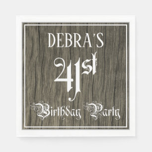 41st Birthday Party — Fancy Script, Faux Wood Lo Napkin