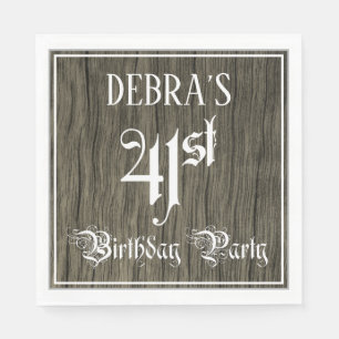 41st Birthday Party — Fancy Script, Faux Wood Look Napkin