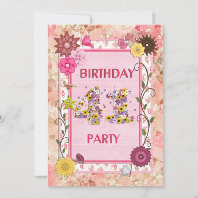 41st birthday party invitation with floral frame (Front)