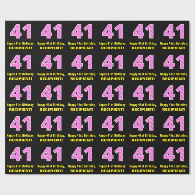 41st Birthday: Pink Stripes and Hearts "41" + Name Wrapping Paper (Flat)