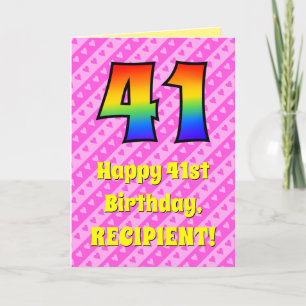 41st Birthday: Pink Stripes & Hearts, Rainbow # 41 Card