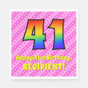 41st Birthday: Pink Stripes & Hearts, Rainbow # 41 Napkin