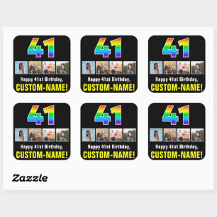 41st Birthday: Rainbow “41”; Custom Photos & Name Square Sticker
