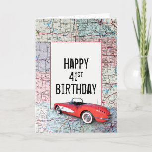 41st Birthday Retro Corvette on Map  Card