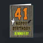 41st Birthday: Spooky Halloween Theme, Custom Name Card<br><div class="desc">The front of this scary and spooky Halloween birthday themed greeting card design features a large number "41", along with the message "HAPPY BIRTHDAY, ", and an editable name. There are also depictions of a ghost and a bat on the front. The inside features an editable birthday greeting message, or...</div>