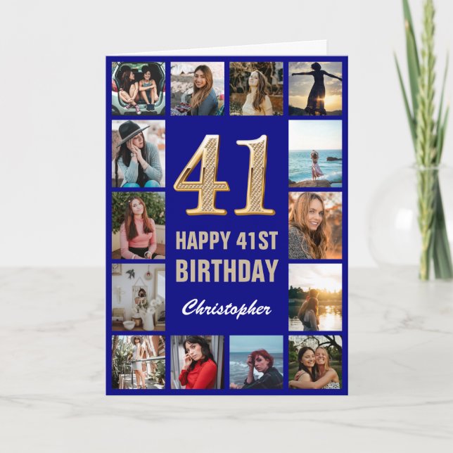 41st Happy Birthday Navy Blue & Gold Photo Collage Card (Front)
